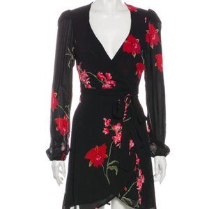 Reformation Black Red Long Sleeve Floral Wrap Mini Dress